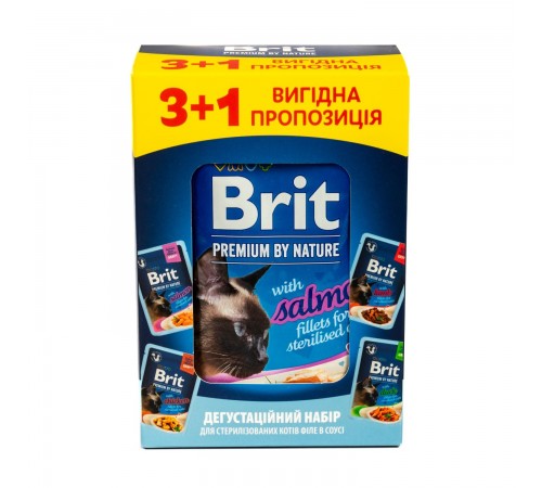 Набір вологого корму для котів Brit Premium Delicate Fillets in Gravy Chicken for Sterilised pouch 3+1 шт х 85 г - асорті