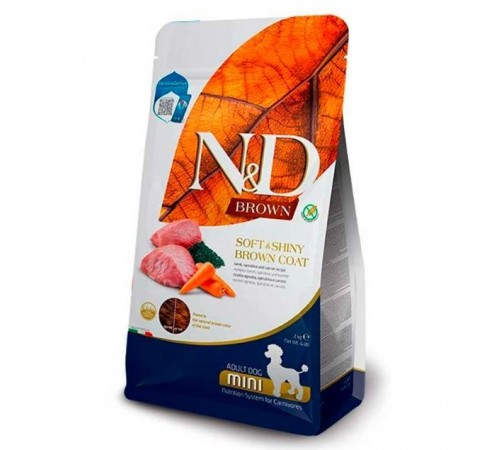 Farmina N&D Brown Lamb, Spirulina&Carrot Adult Mini Dog - сухий беззерновий корм з ягням і спіруліною для собак дрібних порід із коричневою шерстю, 2кг