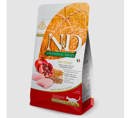 Farmina N&D Low Grain Cat Neutered Chicken Adult – низькозерновий сухий корм з куркою та гранатом для стерилізованих дорослих котів, 5кг