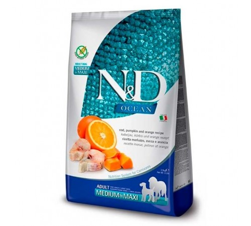 Farmina N&D Ocean Cod, Pumpkin&Orange Adult Medium&Maxi – беззерновий сухий корм з тріскою, гарбузом та апельсином для собак середніх і великих порід, 12кг