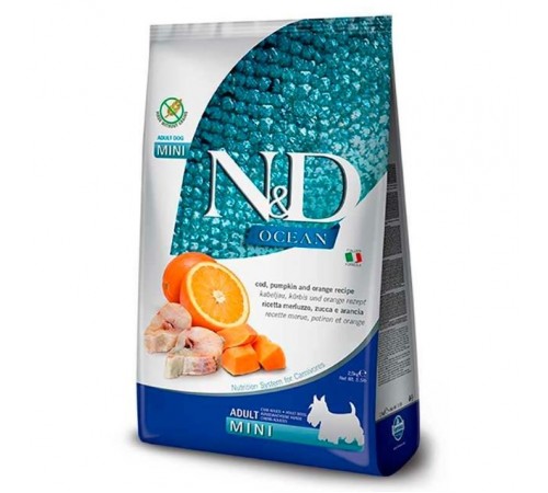 Farmina N&D Ocean Cod, Pumpkin&Orange Adult Mini – беззерновий сухий корм з тріскою, гарбузом та апельсином для собак маленьких порід, 2,5кг