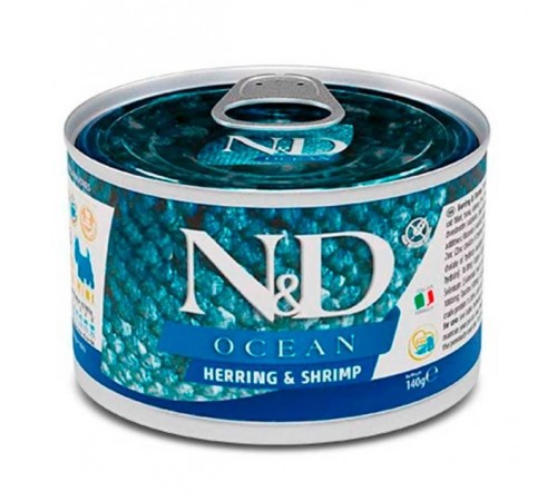 Farmina N&D Ocean Herring&Shrimp Adult Mini – беззерновий консервований корм з оселедцем, тріскою, тунцем і креветкою для дорослих собак дрібних порід, 140г