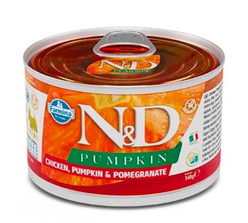 Farmina N&D Pumpkin Chicken&Pomegranate Adult Mini – беззерновий консервований корм з куркою, гарбузом та гранатом для дорослих собак дрібних порід, 140г