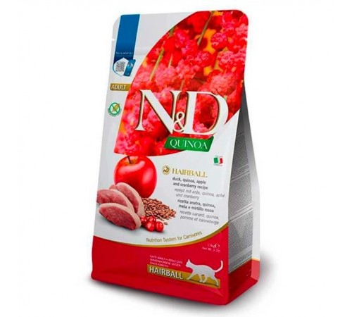 Farmina N&D Quinoa GF Hairball Adult Cat - беззерновий сухий корм із качкою, яблуком та кіноа для виведення шерсті із шлунку котів, 1,5кг