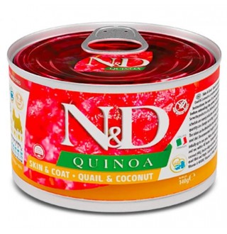 Farmina N&D Quinoa Quail Skin&Coat Adult Mini – беззерновий консервований корм з перепілкою, кіноа, кокосом та куркумою для дорослих собак дрібних порід при харчовій алергії, 140г