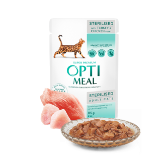 OPTIMEAL. Повнораціонний консервований корм для стерилізованих кішок та кастрованих котів з індичкою 85 гр