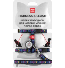 WAUDOG Nylon Шлея з повідцем для котів  з QR паспортом, малюнок Інді (ширина 10мм, довжина повідця