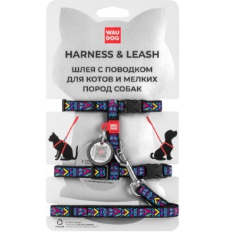 WAUDOG Nylon Шлея з повідцем для котів  з QR паспортом, малюнок Інді (ширина 10мм, довжина повідця