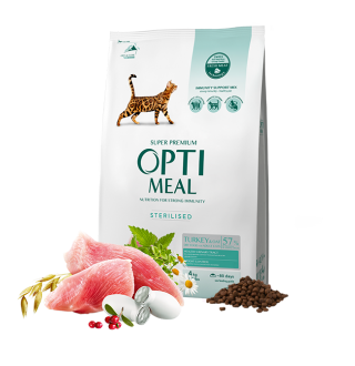 OPTIMEAL. Повнораціонний сухий корм для стерилізованих кішок та кастрованих котів - індичка 4кг