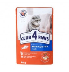 CLUB 4 PAWS Premium. Повнораціонний консервований корм для дорослих котів з тріскою у желе. , 0,08 кг