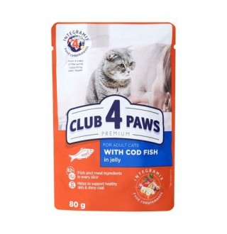 CLUB 4 PAWS Premium. Повнораціонний консервований корм для дорослих котів з тріскою у желе. , 0,08 кг