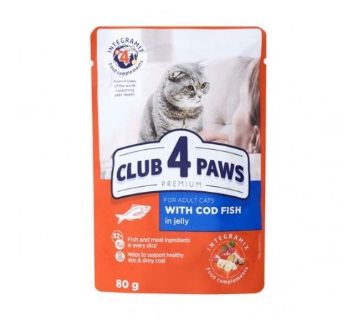 CLUB 4 PAWS Premium. Повнораціонний консервований корм для дорослих котів з тріскою у желе. , 0,08 кг