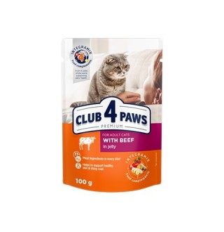 CLUB 4 PAWS Premium. Повнораціонний консервований корм для дорослих котів  з яловичиною у желе. , 0,1 кг