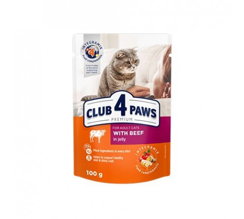 CLUB 4 PAWS Premium. Повнораціонний консервований корм для дорослих котів  з яловичиною у желе. , 0,1 кг