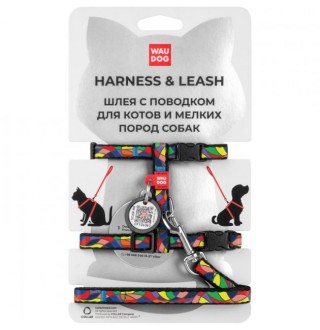 WAUDOG Nylon Шлея з повідцем для котів з QR паспортом, малюнок Вітраж (ширина 10мм)