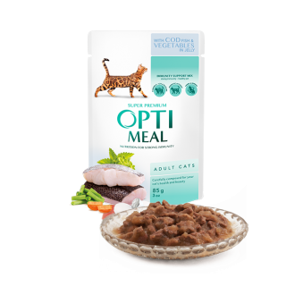 OPTIMEAL. Повнораціонний консервований корм для дорослих котів з тріскою та овочами в желе, 0,085 кг