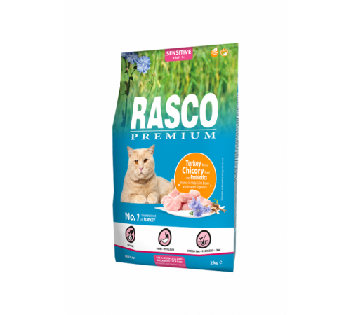 Rasco Premium Cat Sensitive, Turkey, Chicory, Lactic acid bacteria - сухий корм для дорослих котів з чутливим травленням, 2кг 