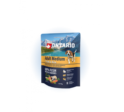 Ontario Adult Medium Fish&Rice - сухий корм для дорослих собак середніх порід з рибою та рисом, 750г