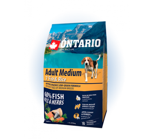 Ontario Adult Medium Fish&Rice - сухий корм для дорослих собак середніх порід з рибою та рисом, 2,25кг