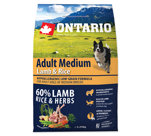 Ontario Adult Medium Lamb&Rice - сухий корм для дорослих собак середніх порід з ягням та рисом, 2,25кг