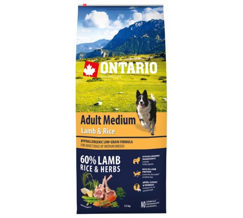 Ontario Adult Medium Lamb&Rice - сухий корм для дорослих собак середніх порід з ягням та рисом, 12кг