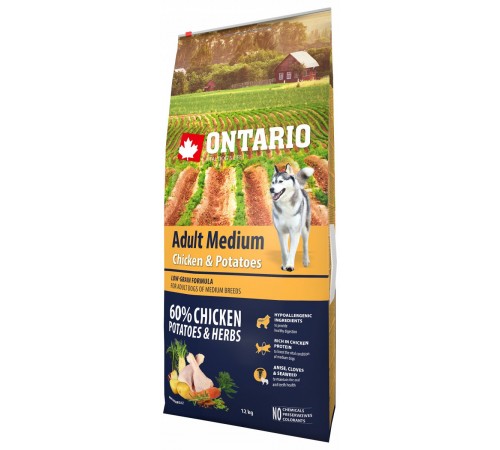 Ontario Medium Chicken&Potatoes - сухий корм для дорослих собак середніх порід з куркою та картоплею, 12кг