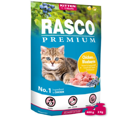 Rasco Premium Cat Kitten, Chicken and Blueberries - повнораціонний сухий корм для кошенят, 2кг 