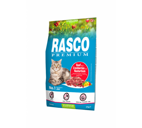 Rasco Premium Cat Sterilized, Beef, Cranberries, Nasturtium - повнораціонний корм для дорослих кастрованих котів, 2кг