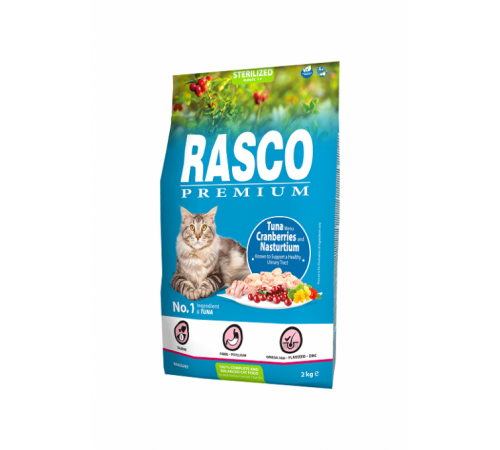 Rasco Premium Cat Sterilized, Tuna, Cranberries, Nasturtium - повнораціонний сухий корм для дорослих кастрованих котів, 2кг 