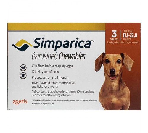 Simparica by Zoetis - Сімпаріка жувальні таблетки проти бліх та кліщів для собак, 5-10кг