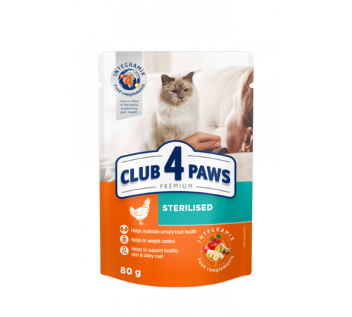 CLUB 4 PAWS Premium. Повнораціонний консервований корм для дорослих стерилізованих кішок. 0,08кг