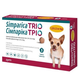 Simparica TRIO by Zoetis - Сімпаріка ТРІО протипаразитарні жувальні таблетки від бліх, гельмінтів та кліщів для собак 1,25-2,5кг