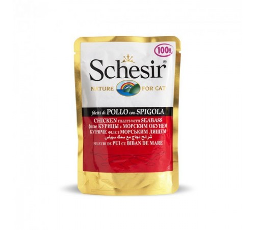 Schesir КУРКА З ОКУНЕМ (Chicken Seabass) консерви для кішок в желе, пауч, 100 г., (C566) (751092х20шт)