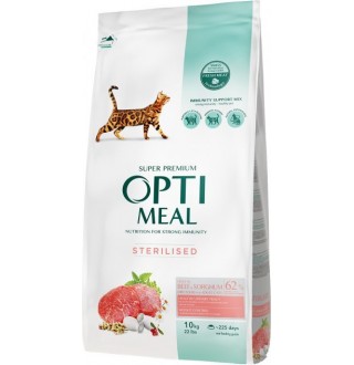 OptiMeal Sterilized Cat Beef&Sorghum - сухий корм із високим вмістом яловичини та сорго для стерилізованих котів, 10кг