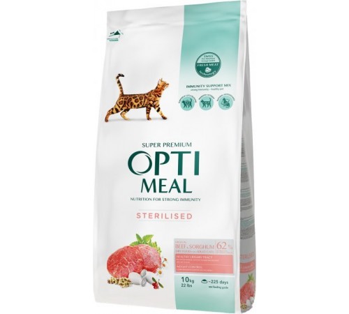 OptiMeal Sterilized Cat Beef&Sorghum - сухий корм із високим вмістом яловичини та сорго для стерилізованих котів, 10кг