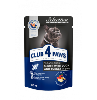 CLUB 4 PAWS Premium Selection. Повнораціонний консервований корм для собак. Шматочкам з качкою та індичкою у соусі 0,08 кг