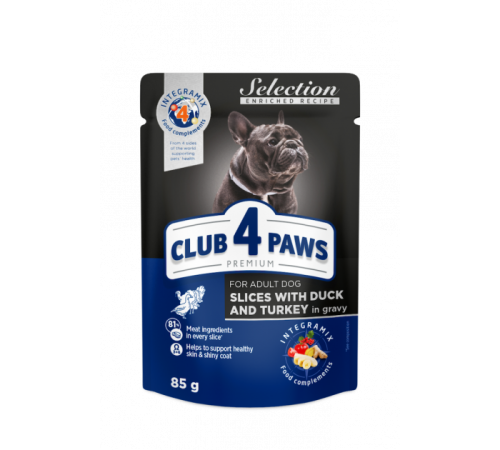 CLUB 4 PAWS Premium Selection. Повнораціонний консервований корм для собак. Шматочкам з качкою та індичкою у соусі 0,08 кг
