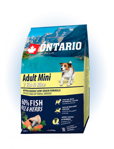 Ontario Adult Mini Fish&Rice - сухий корм для дорослих собак дрібних порід з рибою та рисом, 2,25кг