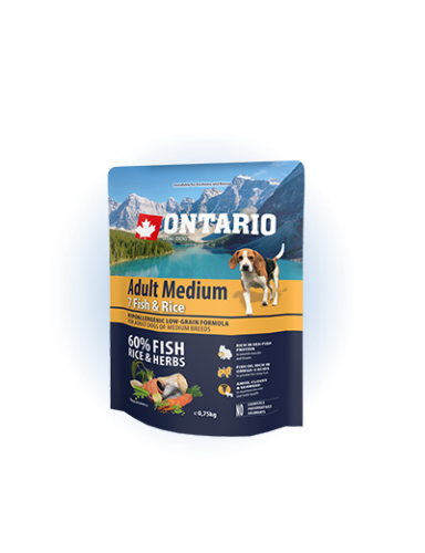 Ontario Adult Medium Fish&Rice - сухий корм для дорослих собак середніх порід з рибою та рисом, 750г