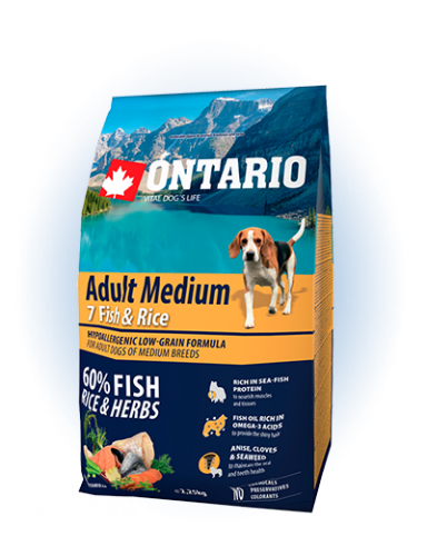 Ontario Adult Medium Fish&Rice - сухий корм для дорослих собак середніх порід з рибою та рисом, 2,25кг
