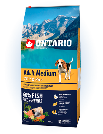 Ontario Adult Medium Fish&Rice - сухий корм для дорослих собак середніх порід з рибою та рисом, 12кг