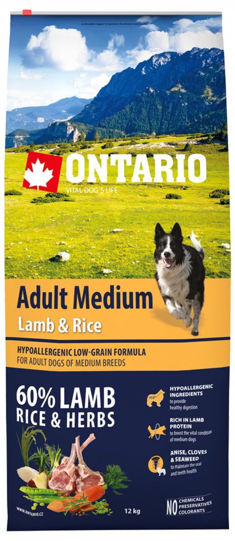 Ontario Adult Medium Lamb&Rice - сухий корм для дорослих собак середніх порід з ягням та рисом, 12кг